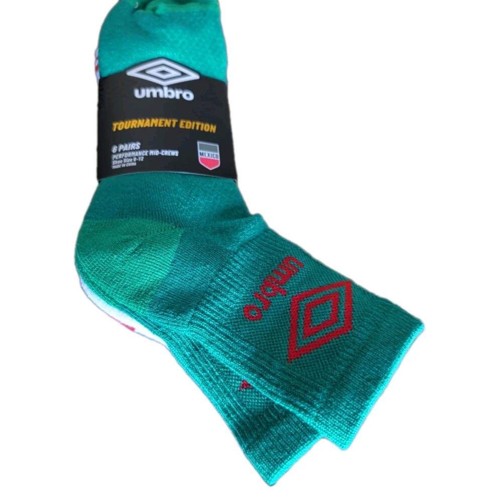 Umbro Mexico Socks 6 Pairs Performance Mid Crews Mens Shoe Size 6-12 New NWT